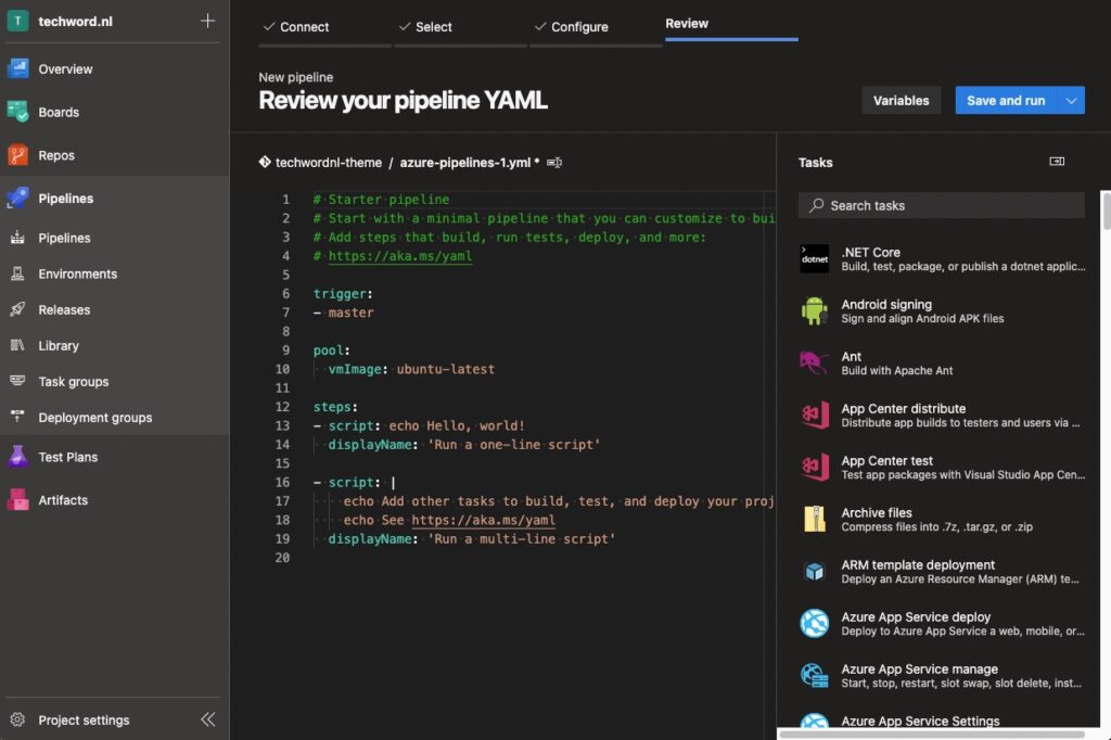 De pipeline-editor van Azure DevOps