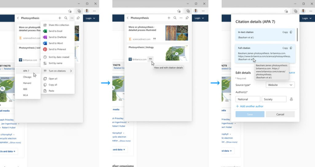 Screenshot van nieuwe functie Citations in Edge 97