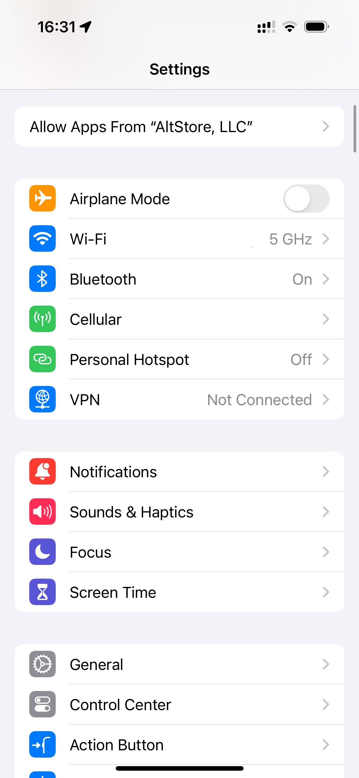 Screenshot iOS Settings