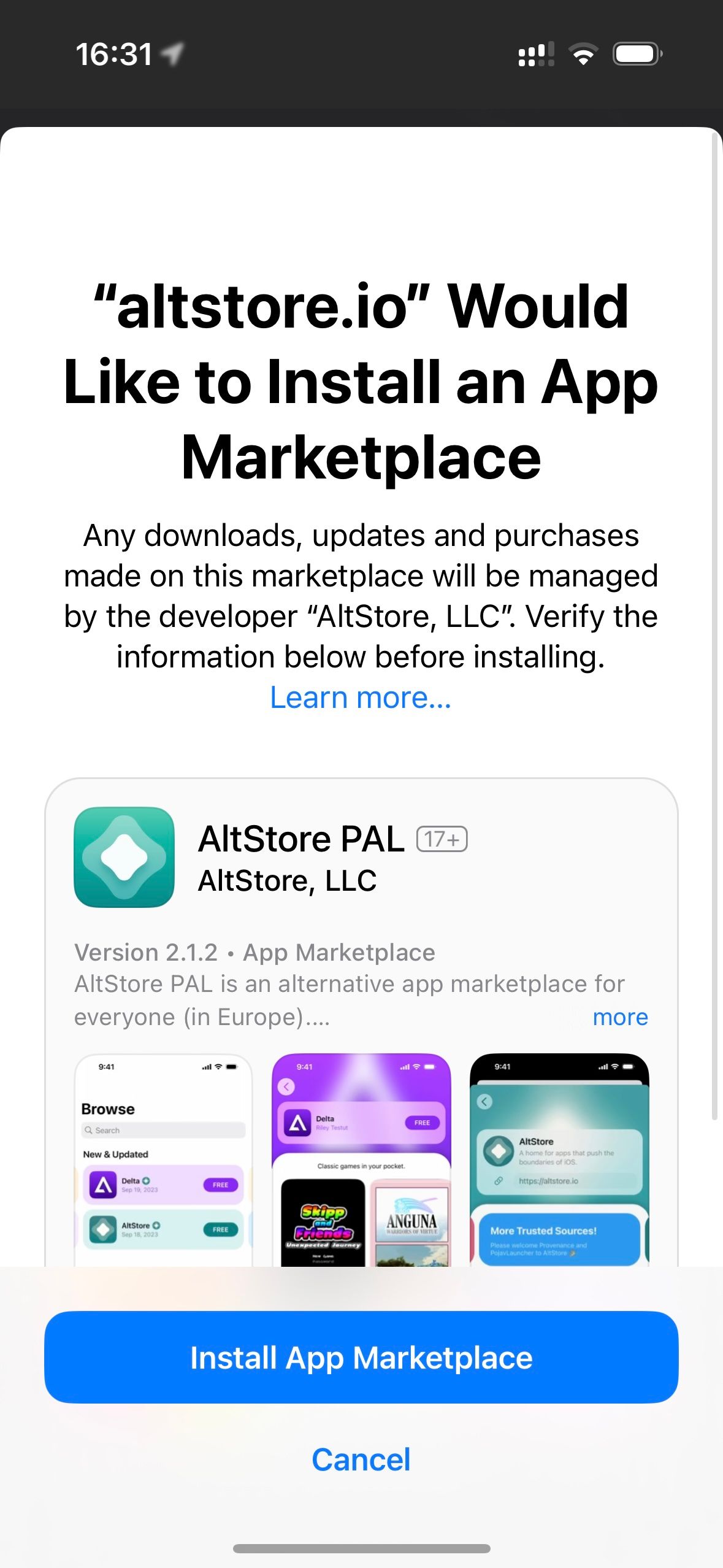 Screenshot AltStore installation