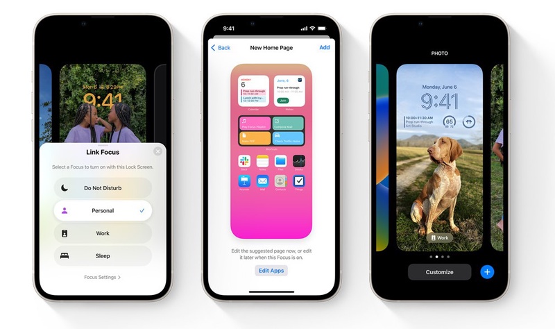 Screenshot van iPhones met iOS 16 die Focusmodus configureren.