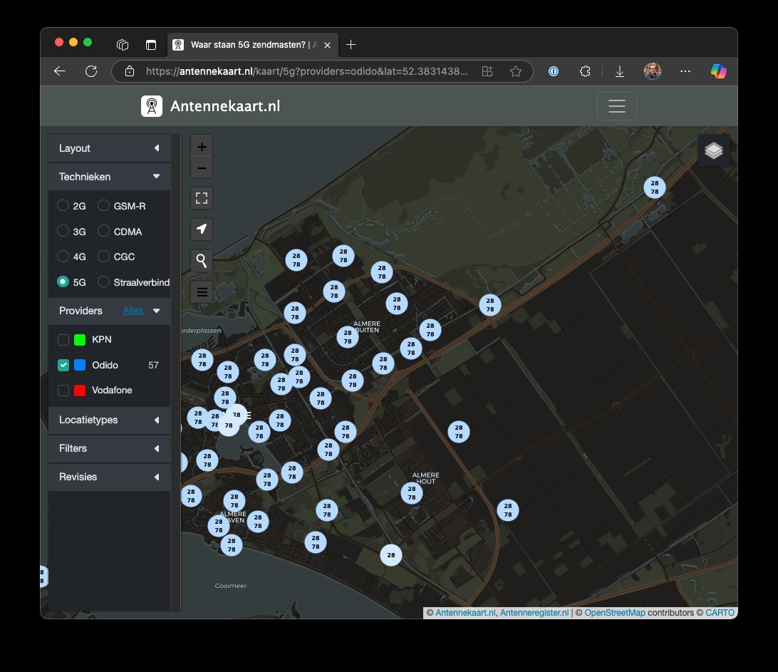 Screenshot van Antennekaart.nl met 5g-masten van Odido