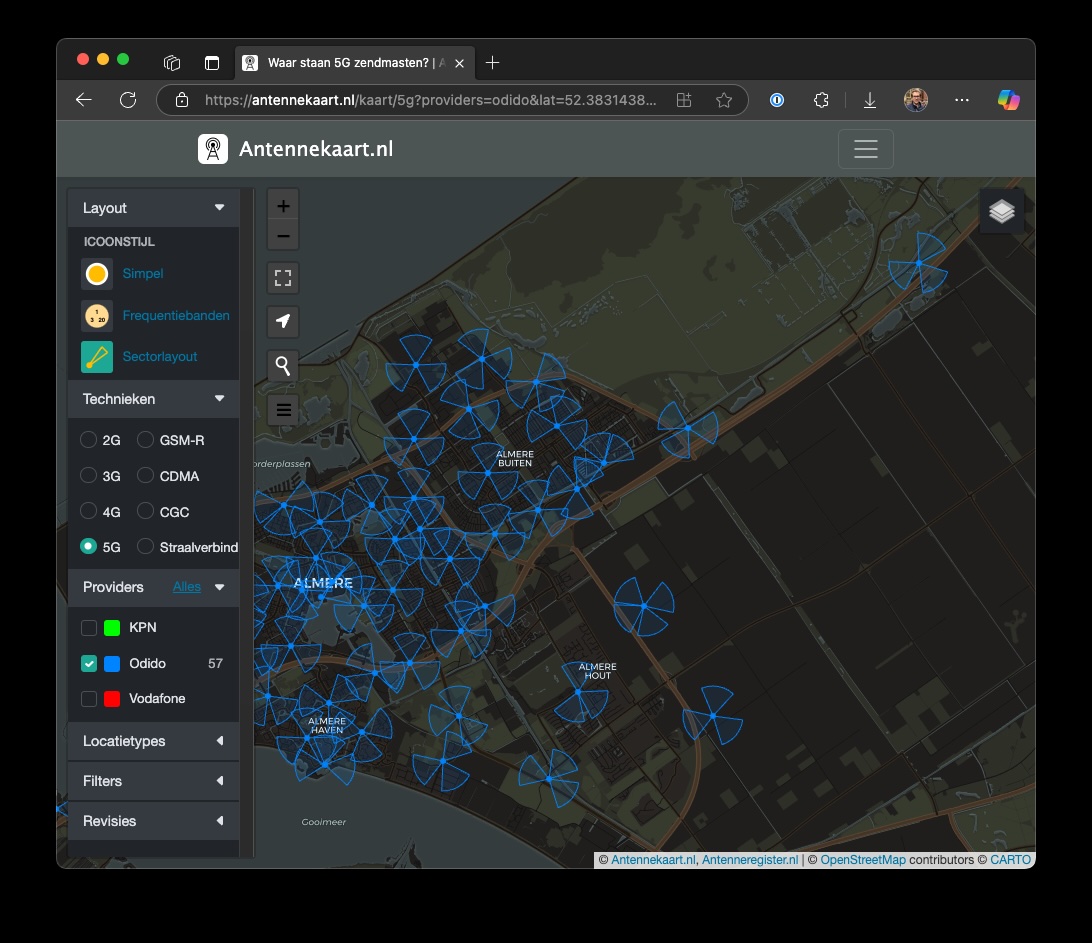 Screenshot van Antennekaart.nl met 5g-masten met sectorlay-out