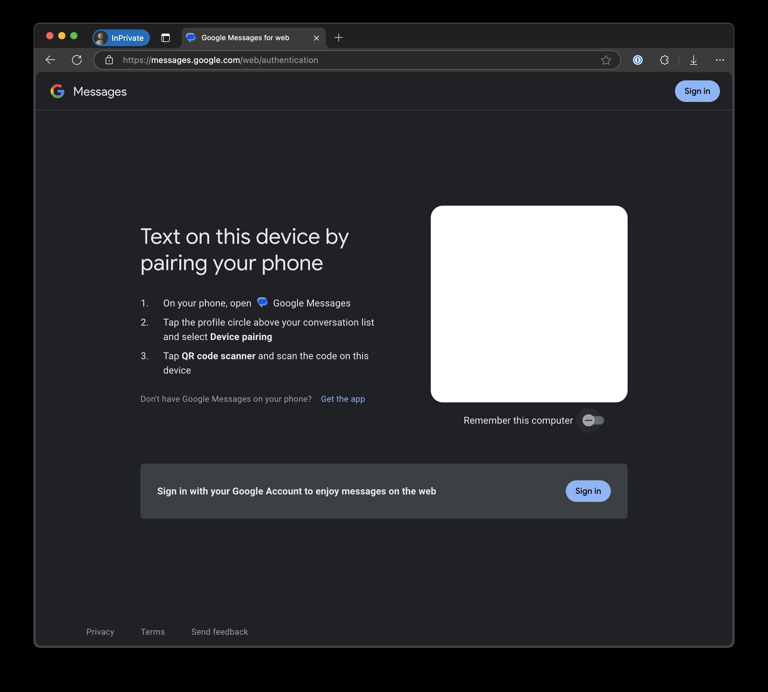 Screenshot of Google Messages: pairing with QR code