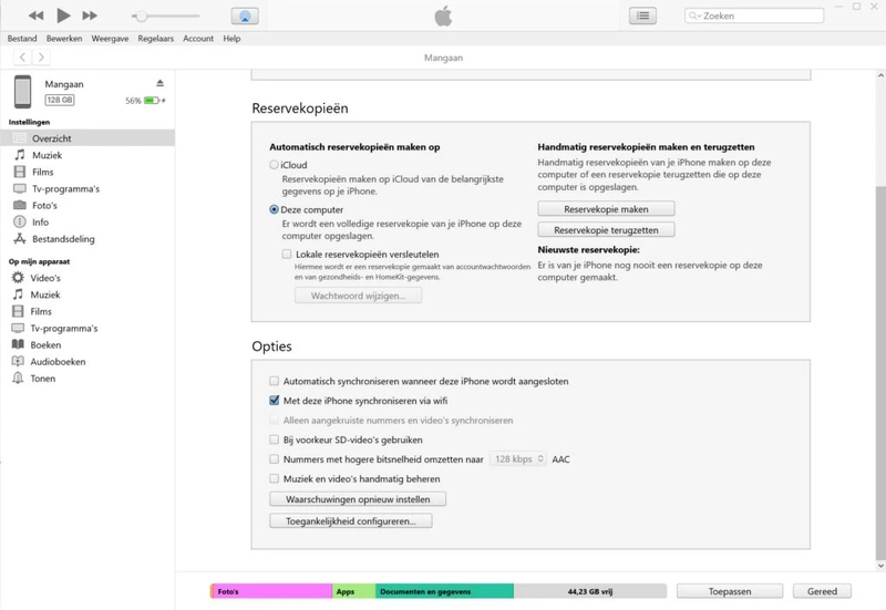 Screenshot iTunes-reservekopie maken