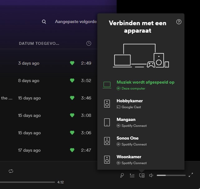 Screenshot van Spotify met het 'Verbinden met apparaat"-menu geopend