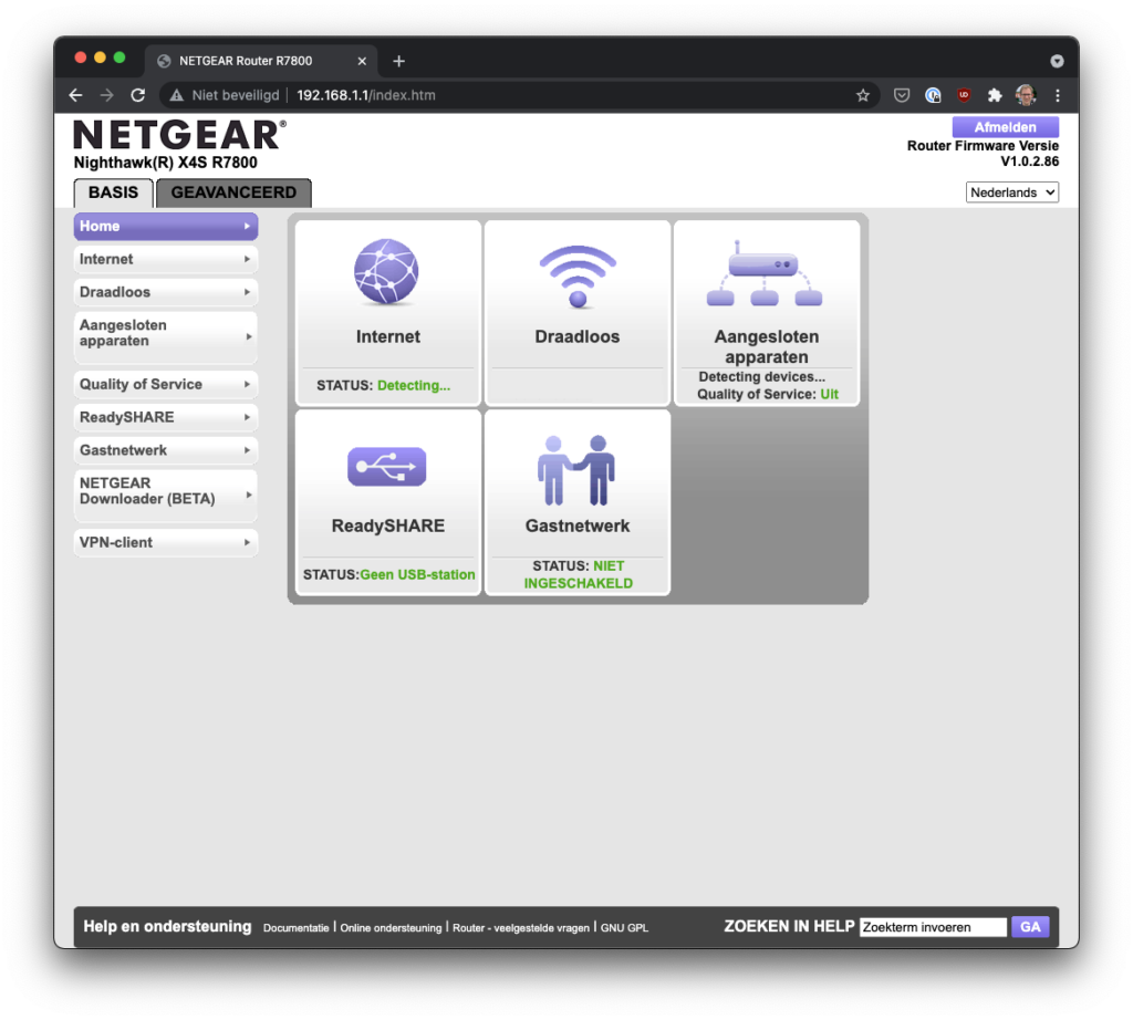 Screenshot van web-interface Netgear-router in Chrome