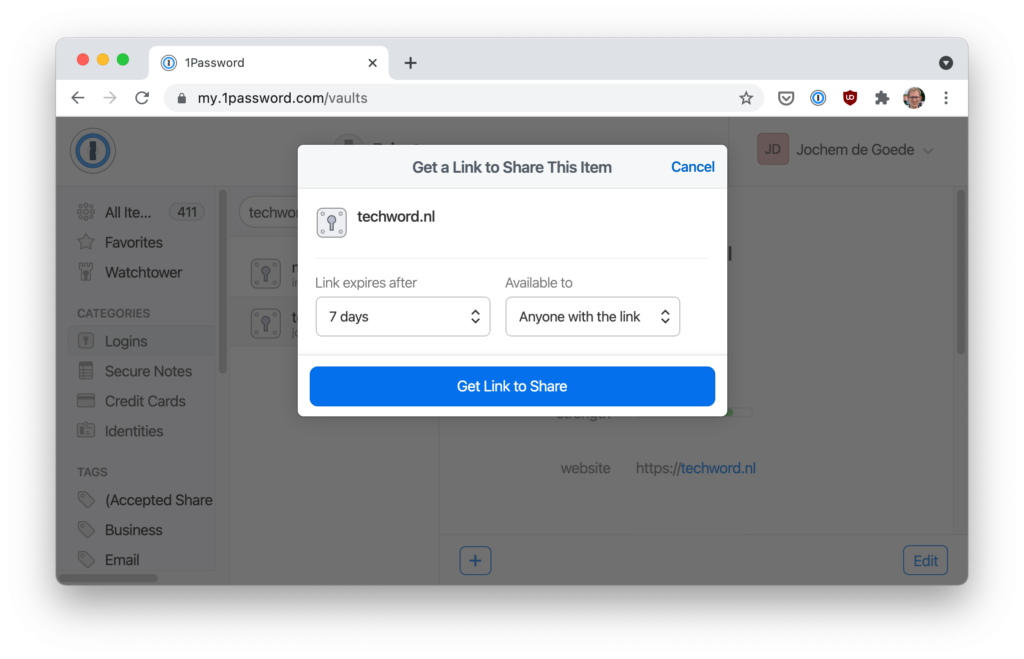 Screenshot 1Password.com: een account delen via een link