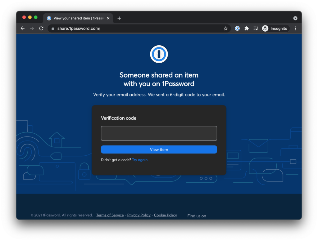 Screenshot 1Password pagina emailadres verifiëren