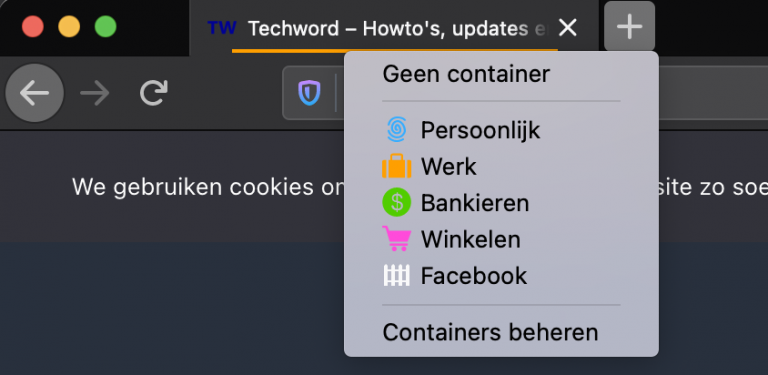 Screenshot van menu bij nieuw tabblad openen