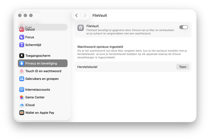 Screenshot FileVault inschakelen op macOS
