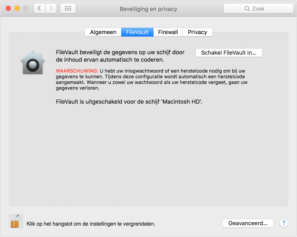 Screenshot FileVault inschakelen op macOS