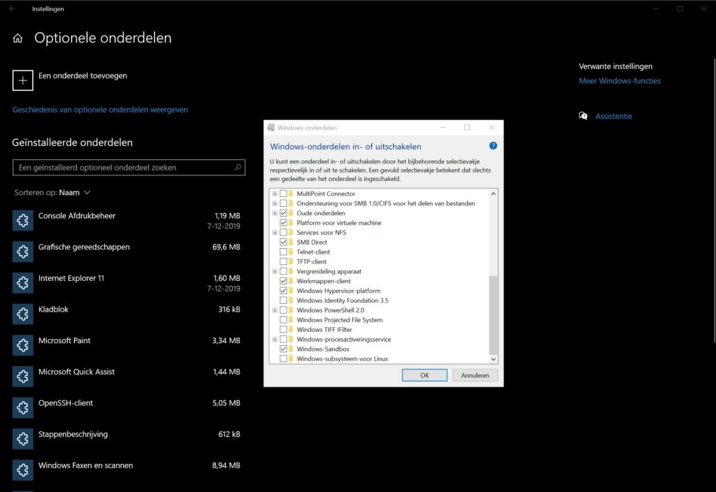 Screenshot optionele onderdelen installeren Windows 10