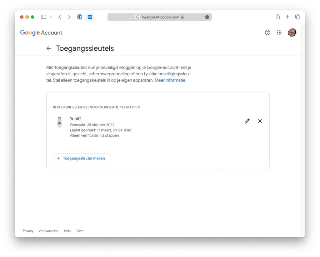 Screenshot lijst van toegangssleutels in Google-account.