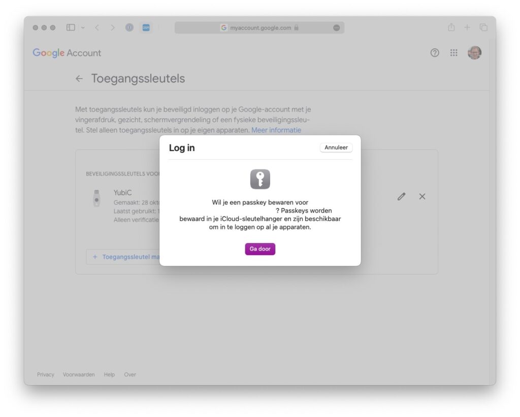 Screenshot Safari: maken van een nieuwe toegangssleutel