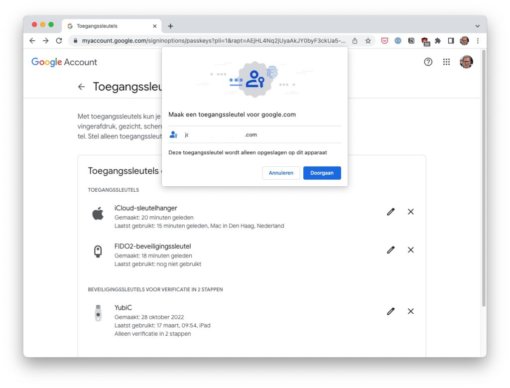 Screenshot Chrome: maken van een nieuwe toegangssleutel.