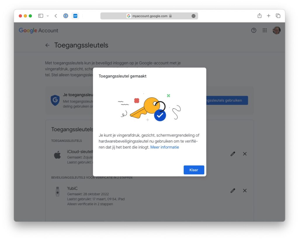 Klaar! Succesvol een toegangssleutel toegevoegd.