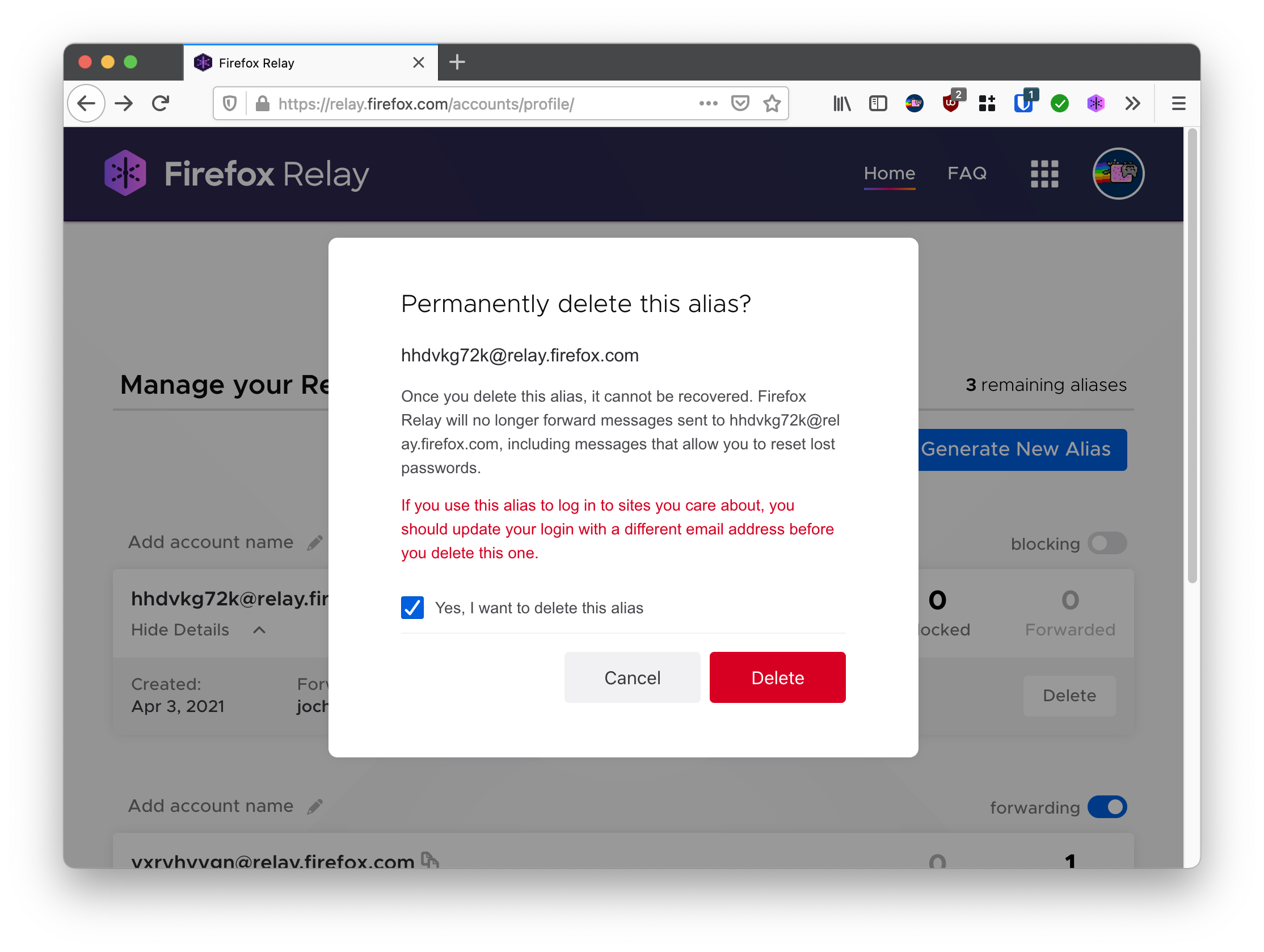 Screenshot Firefox Relay alias verwijderen