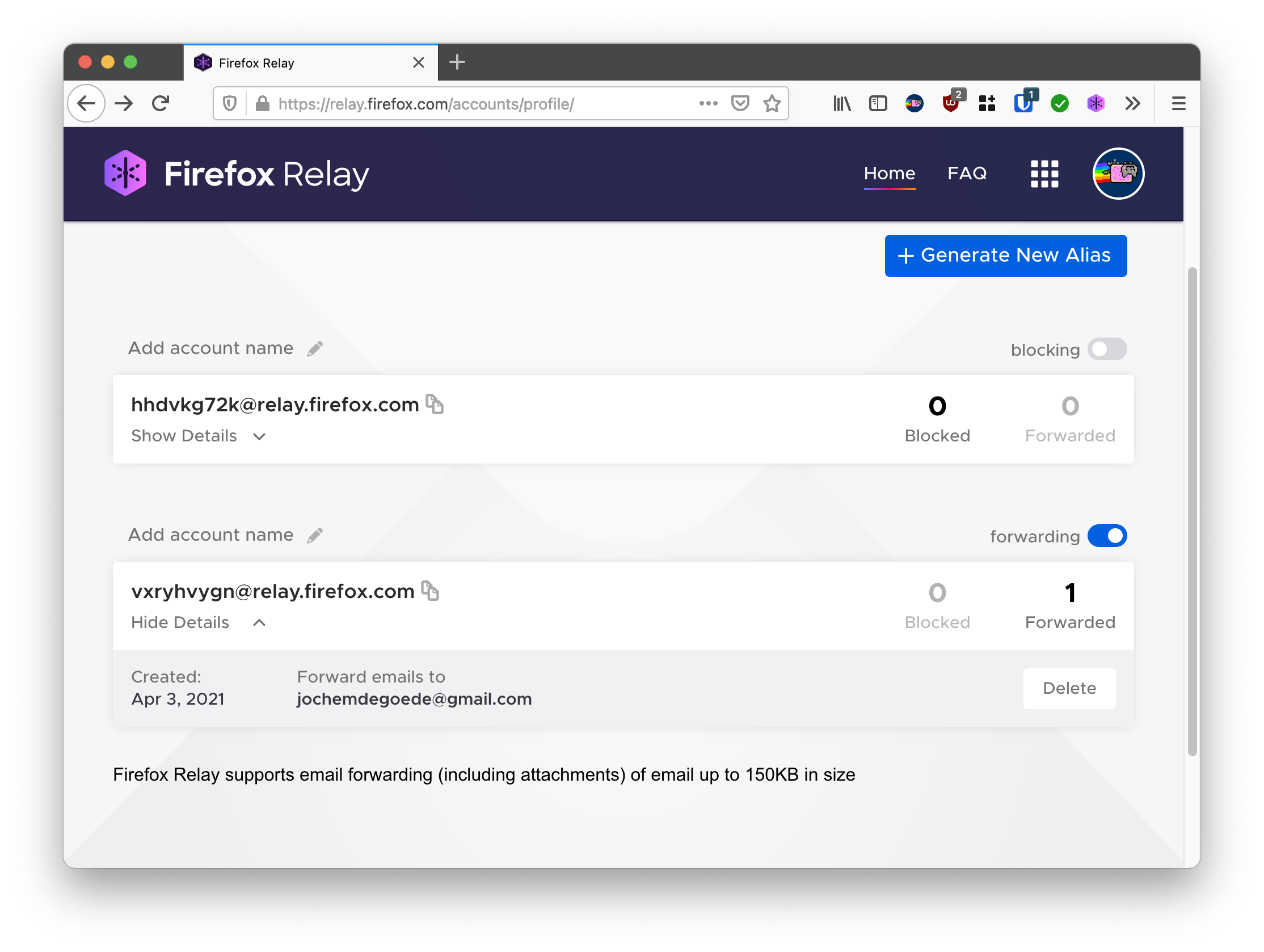 Screenshot Firefox Relay met 2 aliassen