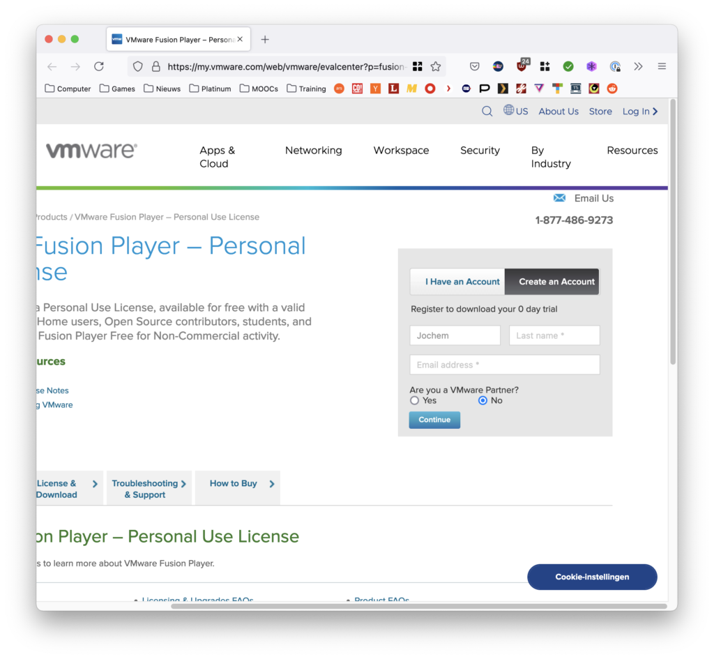 Screenshot account aanmaken VMware