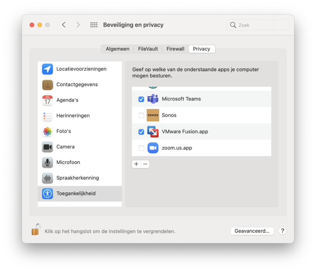 Screenshot VMware Fusion in Systeemvoorkeuren