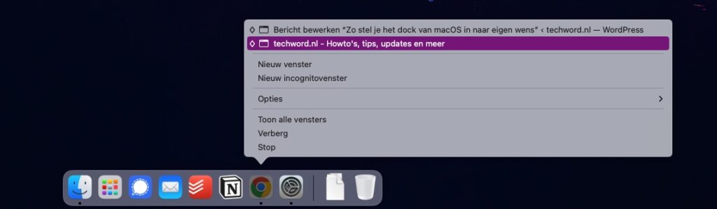 Screenshot macOS Dock: Lijst van geminimaliseerde vensters in het appsymbool 