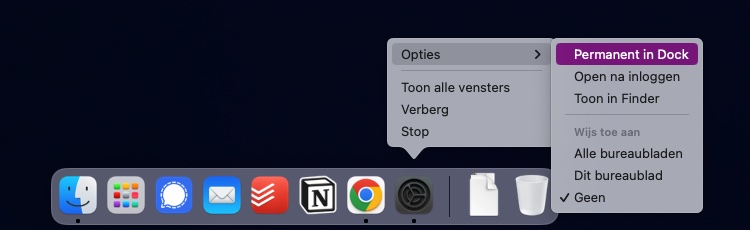 Screenshot macOS Dock: Een app permanent in dock houden.