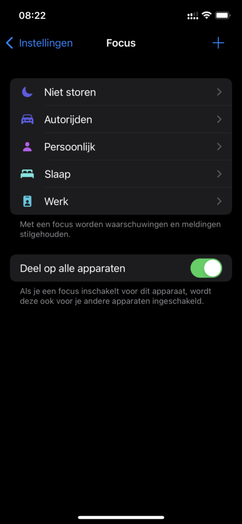 Screenshot van Focus-pagina in Instellingen-app iOS