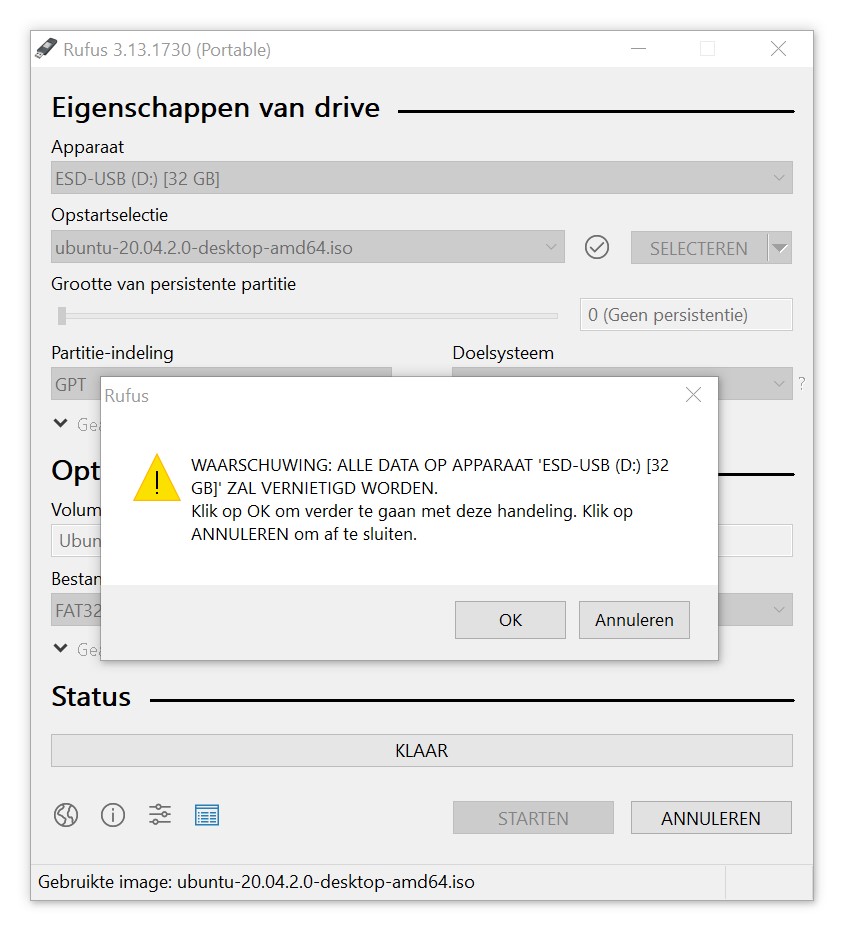 Screenshot Rufus bevestiging data verwijderen