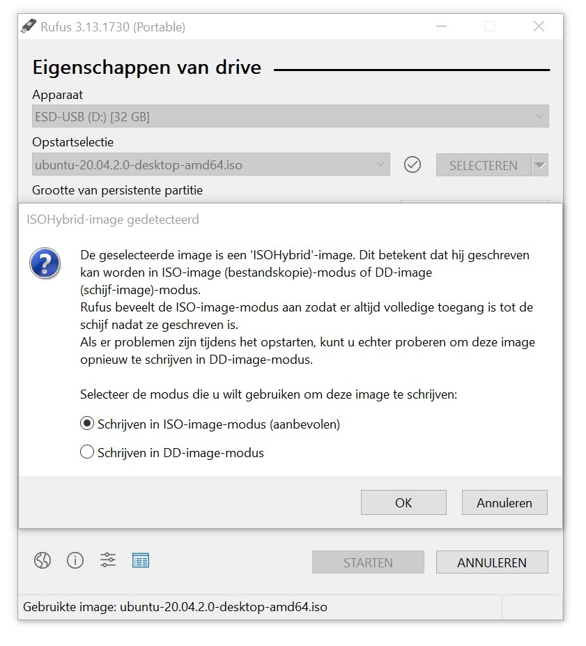 Screenshot Rufus ISO/DD-modus