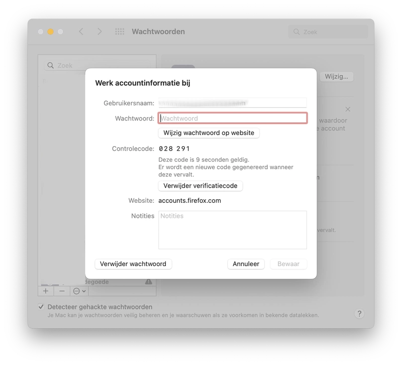 Screenshot account bewerken op macOS.