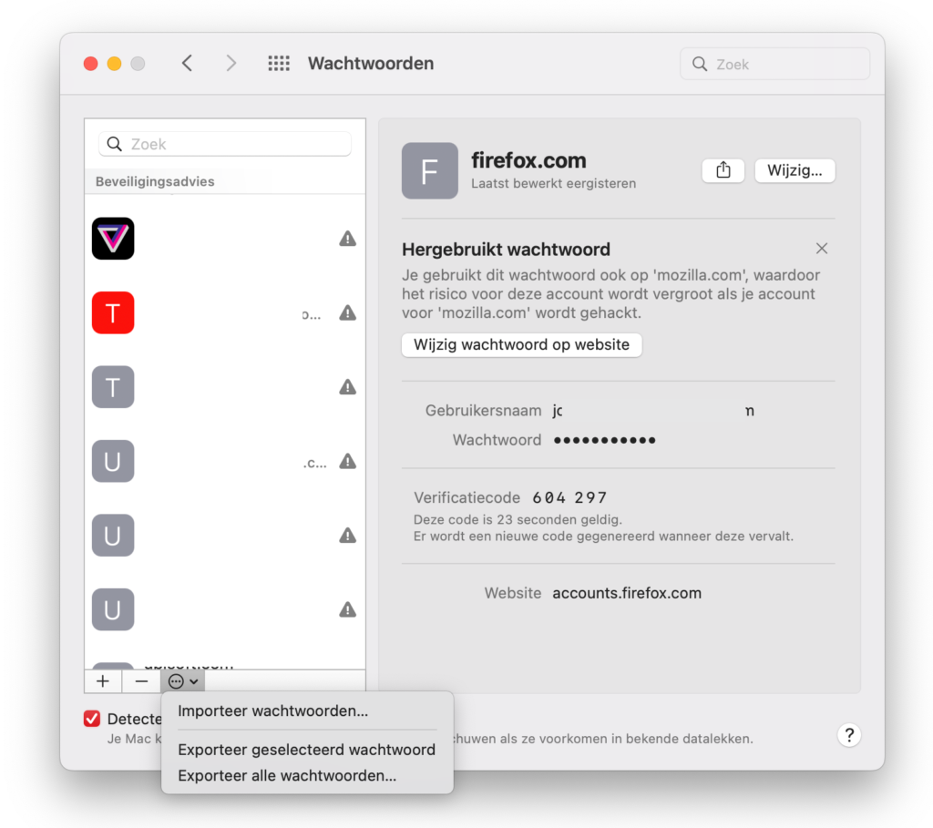 Screenshot van wachtwoorden importeren/exporteren op MacOS.