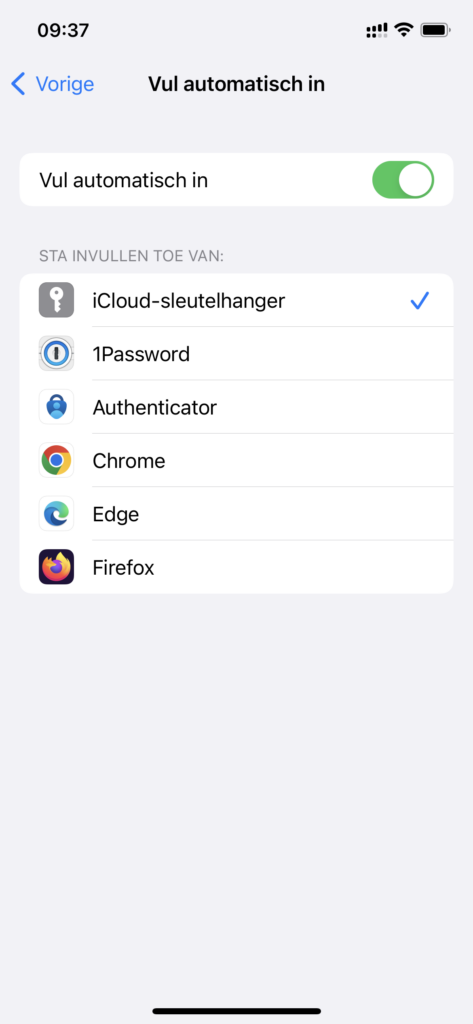 Screenshot van automatisch invullen instellen op iOS