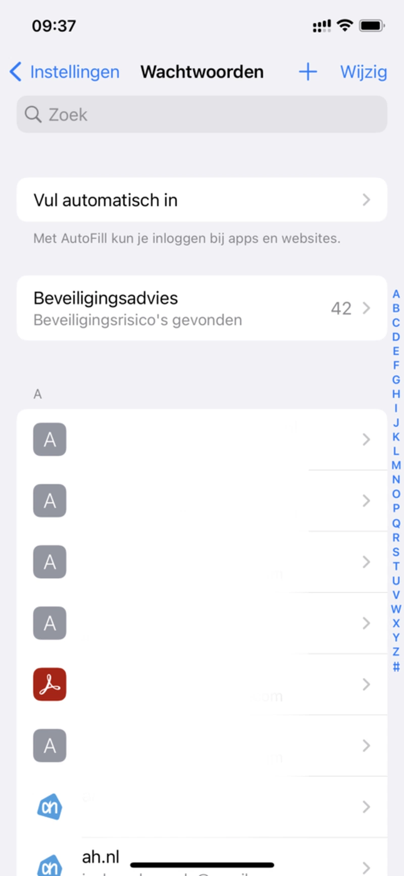 Screenshot iOS lijst met wachtwoorden