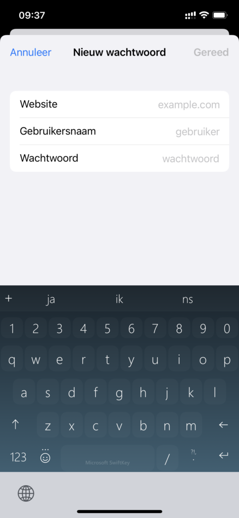 Screenshot van nieuwe account toevoegen aan iCloud Keychain.