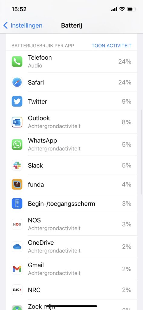 Screenshot pagina Batterij met Batterijgebruik per app.