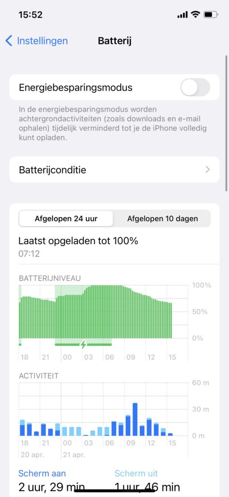 Screenshot pagina Batterij op iOS.