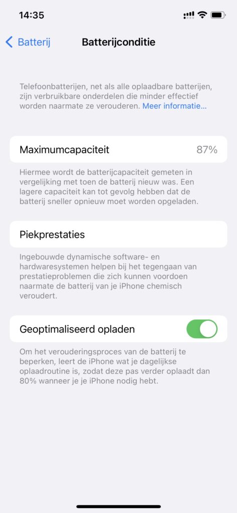 Screenshot pagina Batterijconditie op iOS.