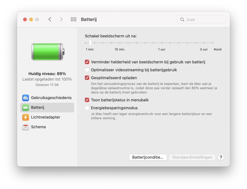 Screenshot Batterijpagina op Mac