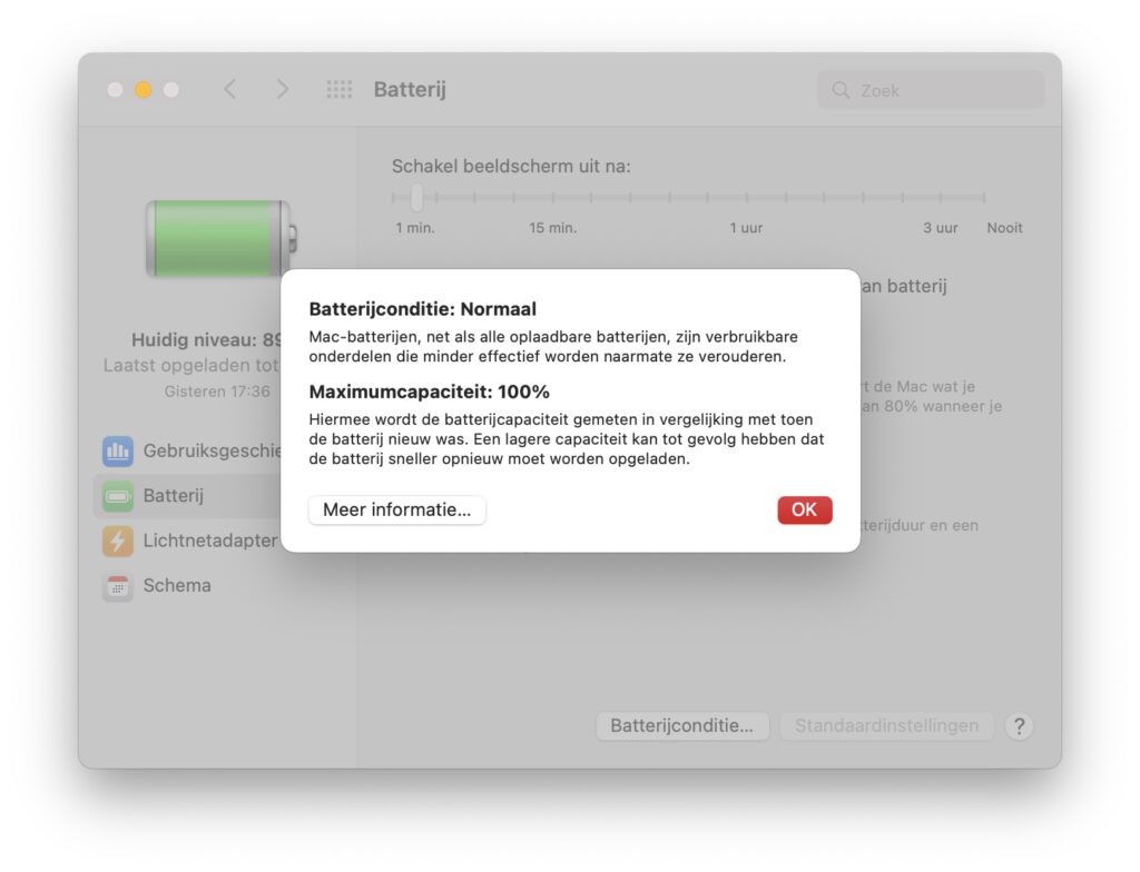 Screenshot Batterijpagina met Batterijconditie op Mac