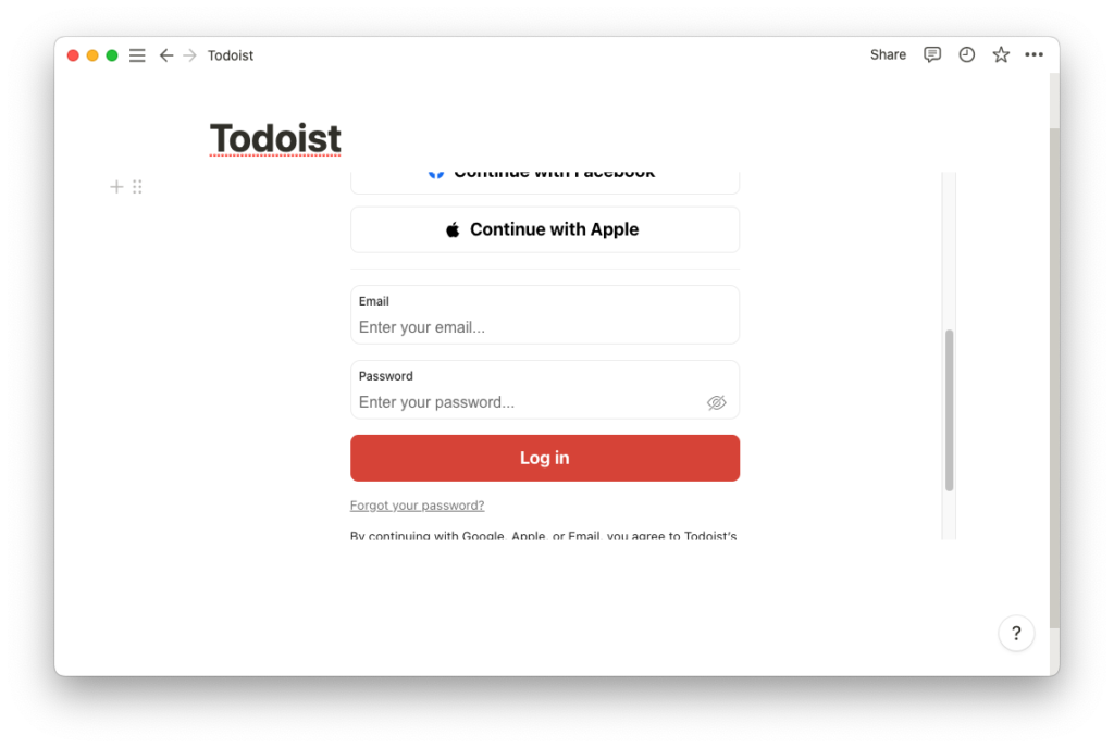 Screenshot inloggen in Todoist in Notion.