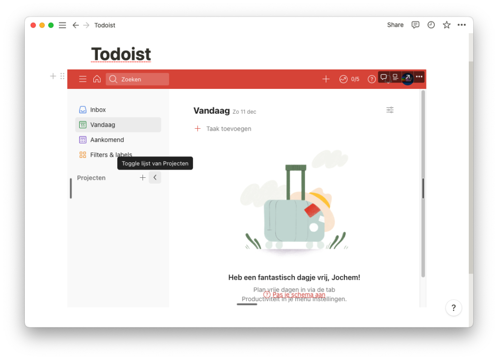 Screenshot van Notion met Todoist op de pagina in een embed block.