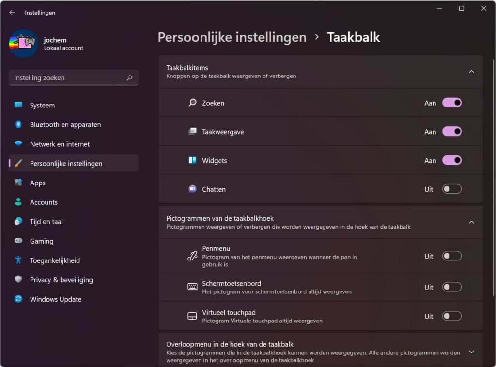 Screenshot Taakbalkinstellingen Windows 11