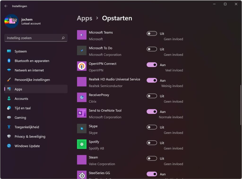 Screenshot Instellingen-app Windows 11 Opstartenpagina