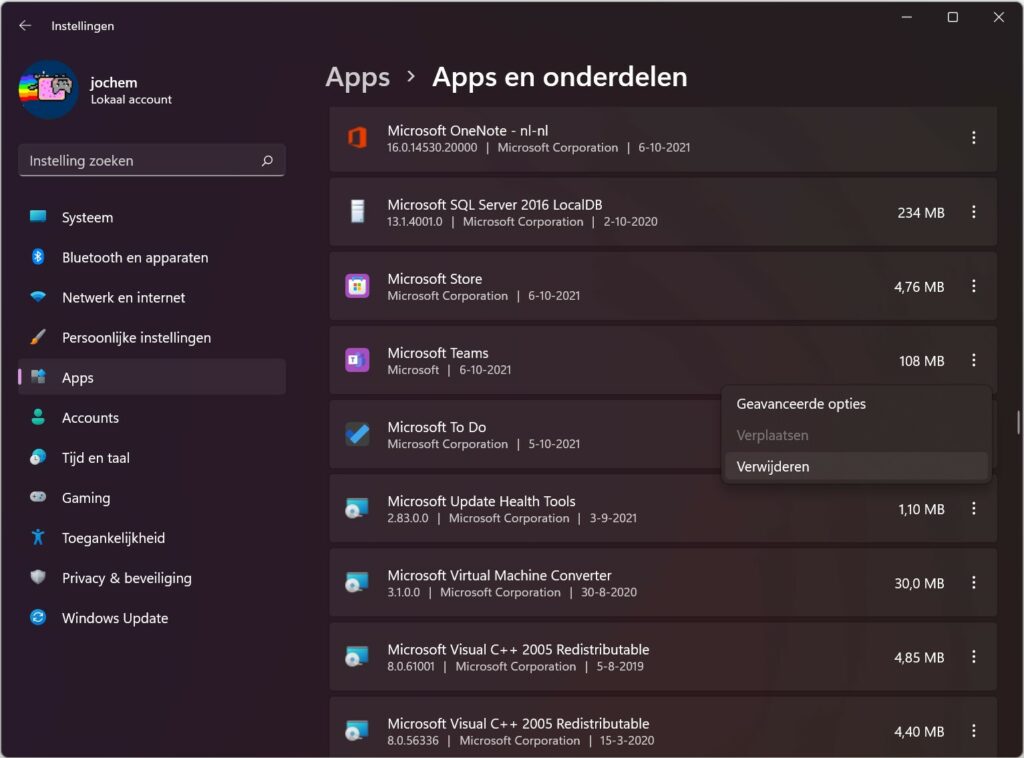 Screenshot apps verwijderen in de Instellingen-app van Windows 11