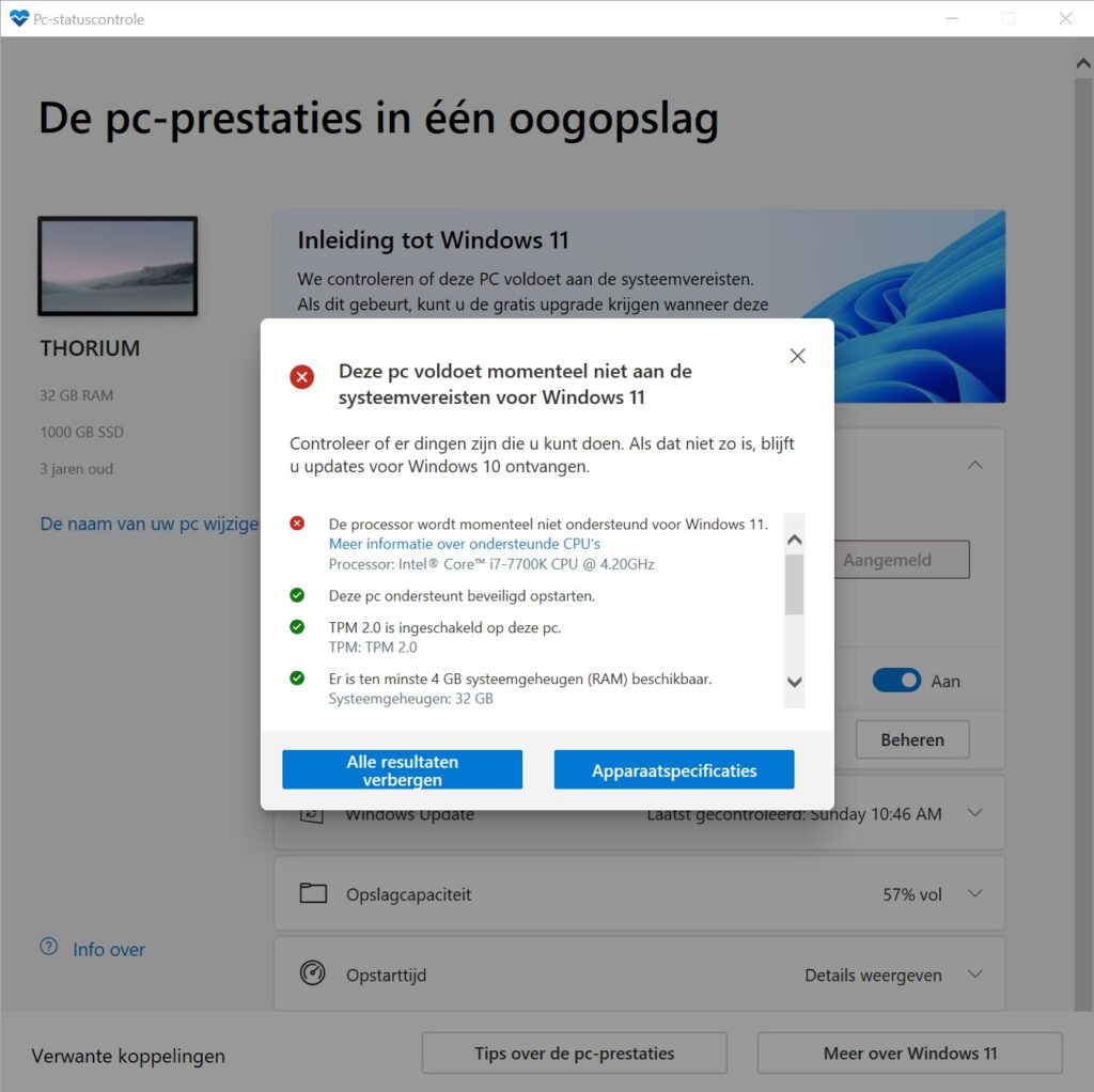 Alle resultaten van de PC Health Check-tool