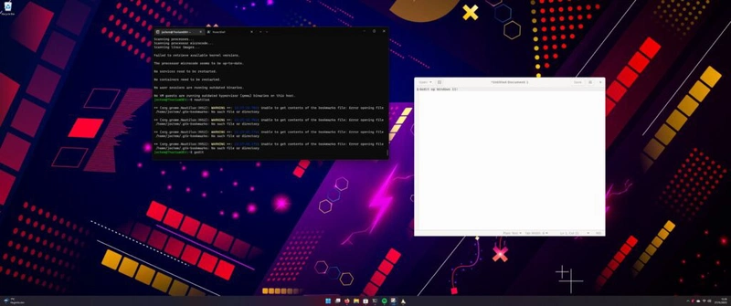 Screenshot Windows 11 met daarin Windows Terminal en gedit draaiend.