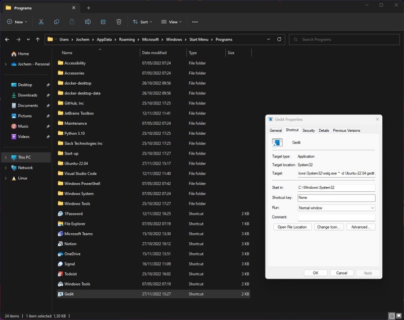 Screenshot van Windows Verkenner waarin we een snelkoppeling voor gedit maken.