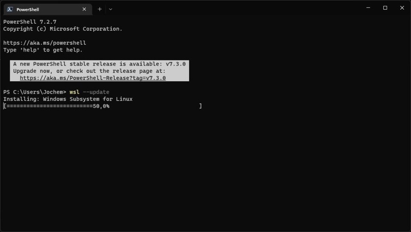 Screenshot terminal: wsl --update commando
