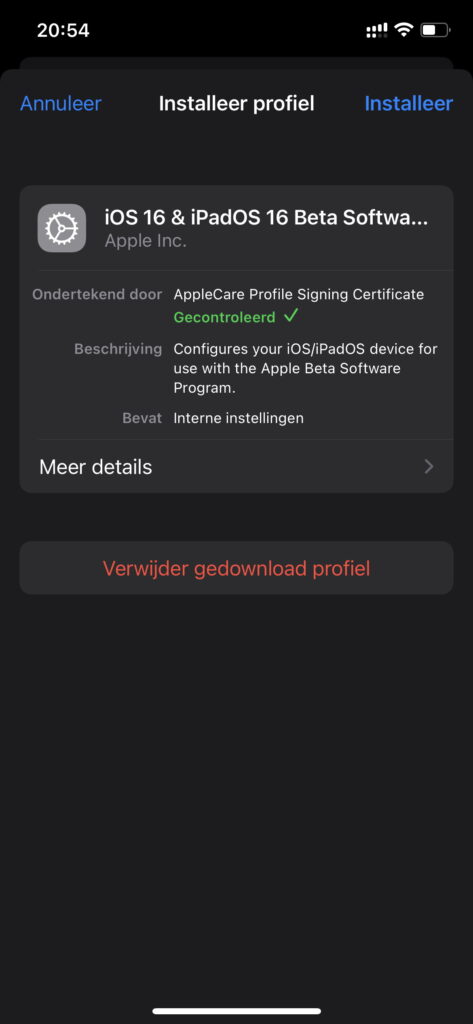 Screenshot iOS 16 profiel installeren